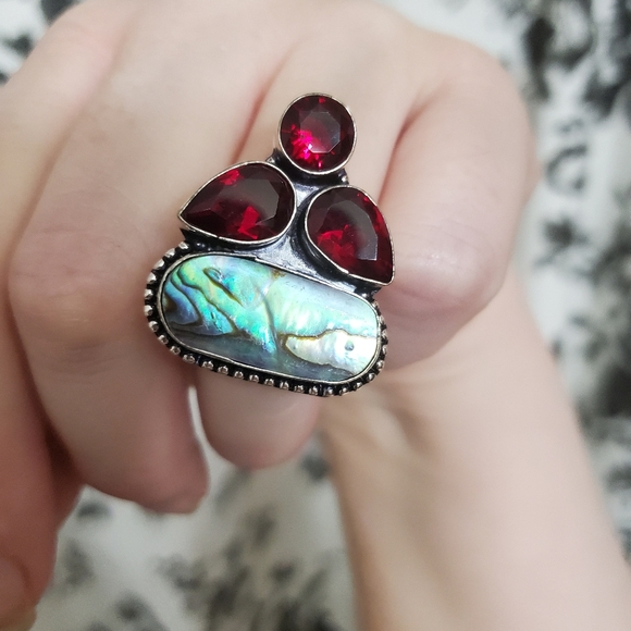 New Abalone Shell & Garnet 925 Silver Ring. - Picture 6 of 9